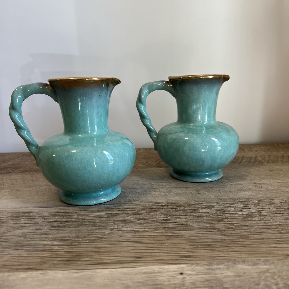 Teal And Gold‎ West Germany Mid-Century Pottery Matching Vases Jugs Vtg WWII